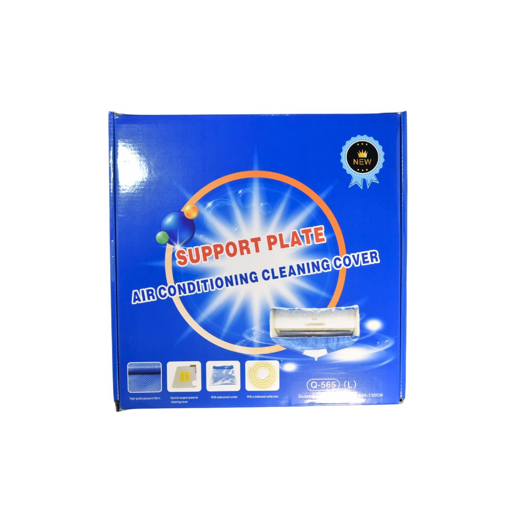 Box of air conditioning cleaning cover with blue and orange design on a white background