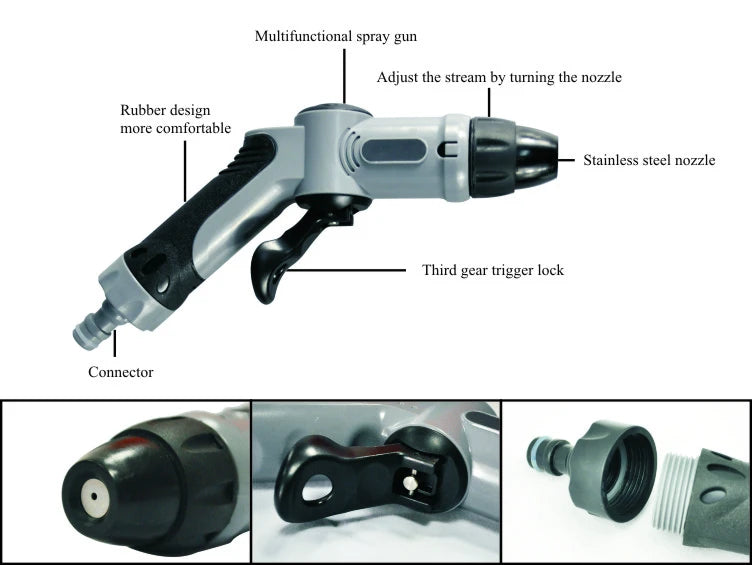 Multifunctional spray gun with labeled parts on a white background