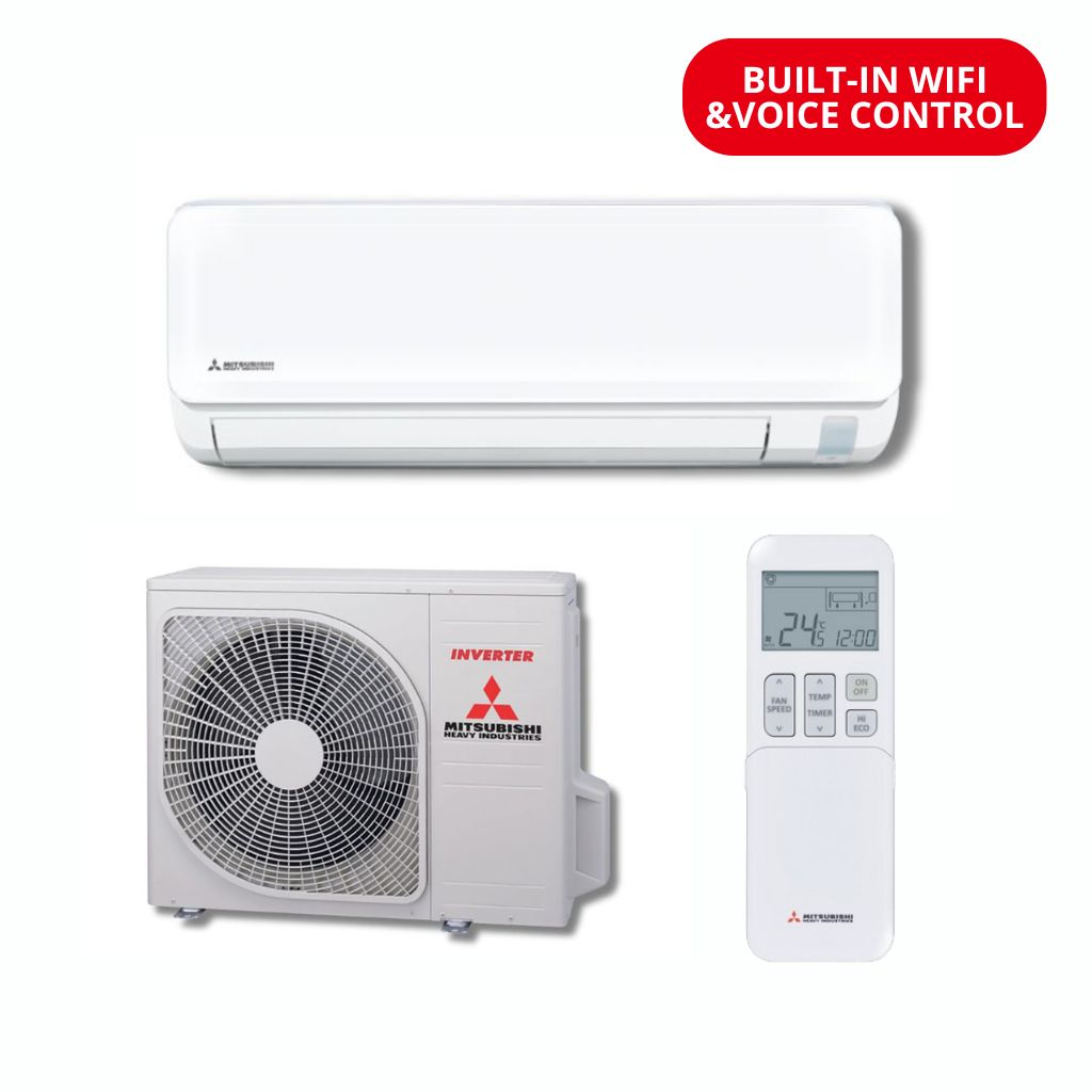 Mitsubishi air conditioning system with control panel and remote on a white background