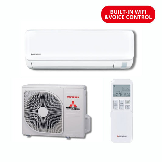 Mitsubishi air conditioning system with control panel and remote on a white background