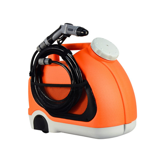 Orange pressure washer with hose on a white background