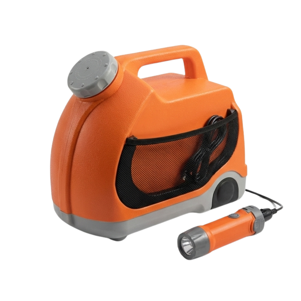 Orange emergency with flashlight on a white background